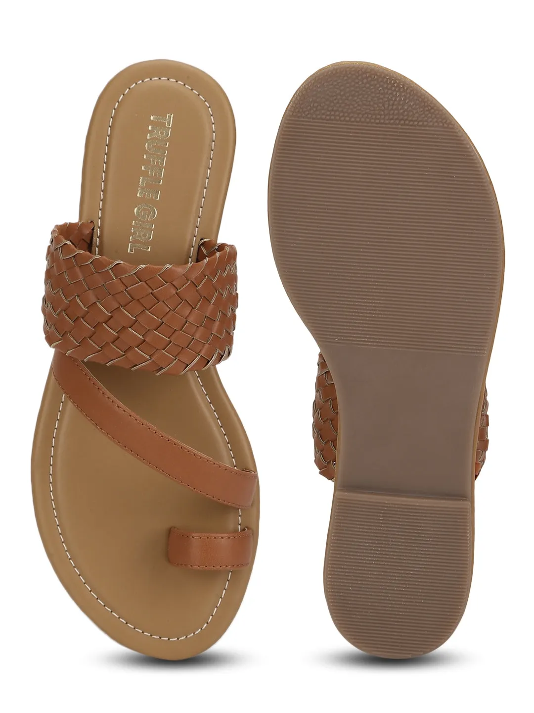 Braune Gewebte PU Flache Schlupf-Sandalen