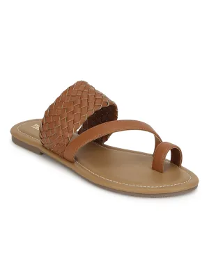 Braune Gewebte PU Flache Schlupf-Sandalen