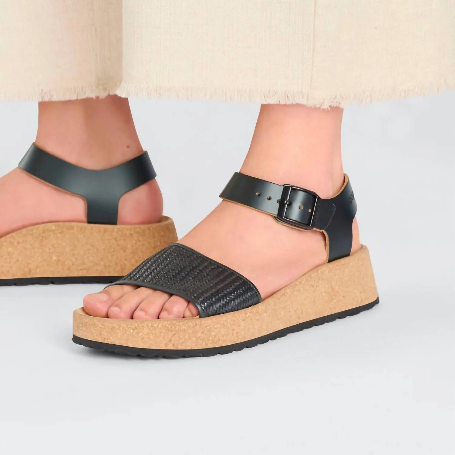Damen Glenda Raffia Leder Sandalen - Mittel/eng in Schwarz